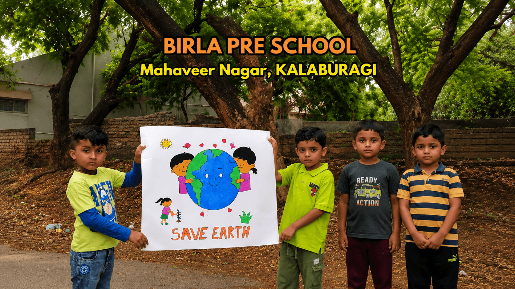 Children holding a hand-painted 'Save Earth' poster at the Mahaveer Nagar campus.