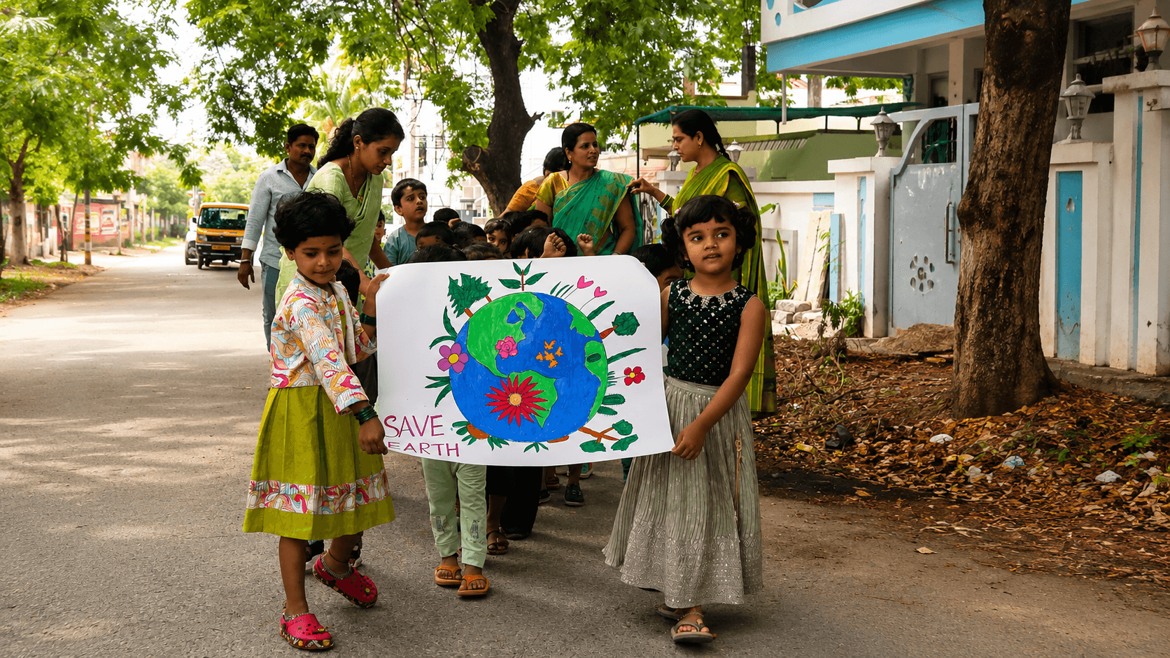 Students and teachers on a 'Save Earth' awareness rally through the neighbourhood.