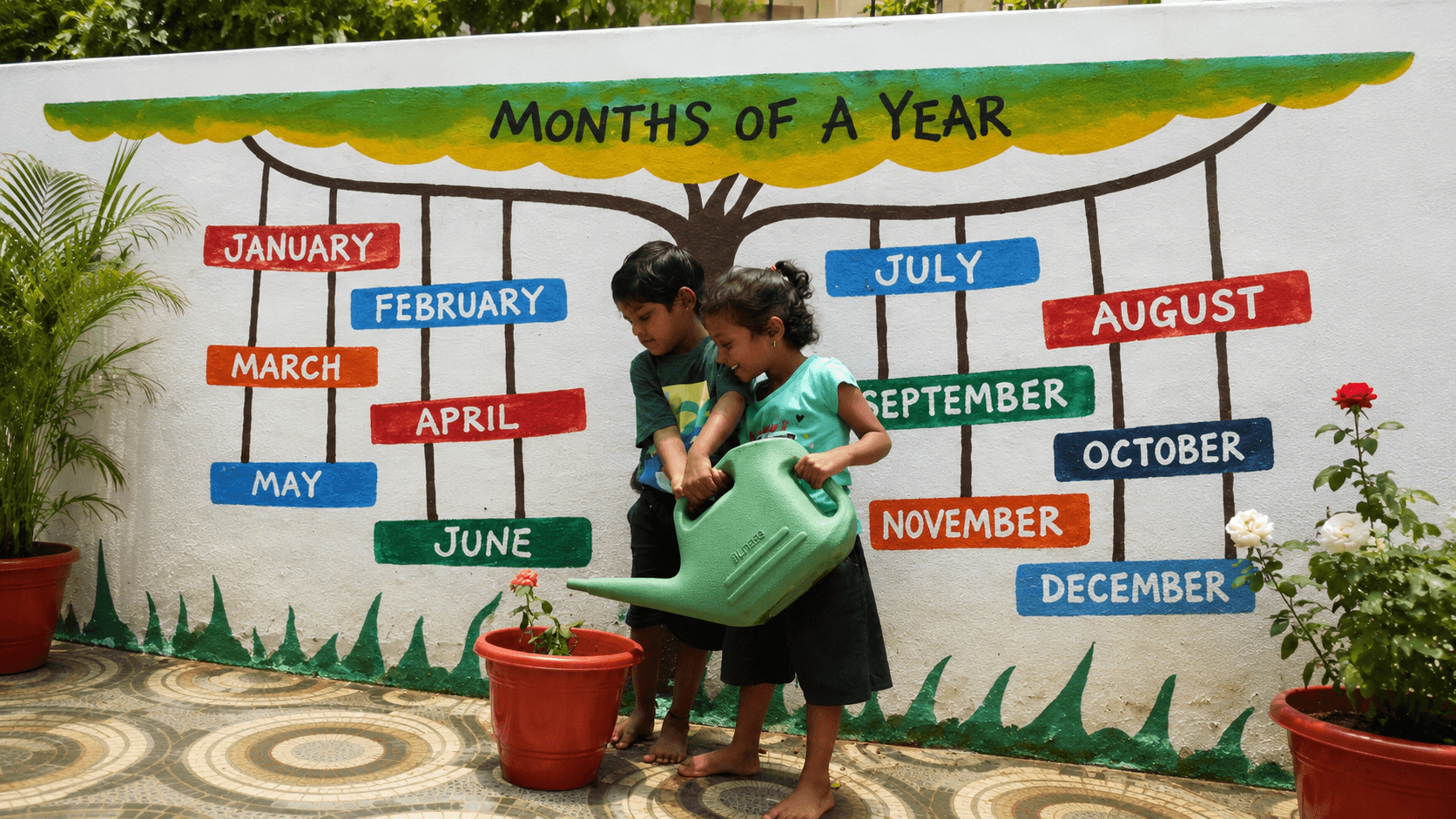 Two children watering a plant beside the colourful 'Months of a Year' learning wall.