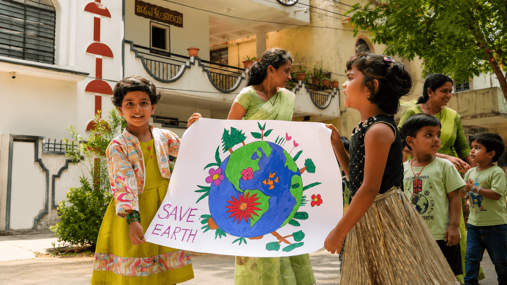 Children and teachers holding a 'Save Earth' poster outside the campus.